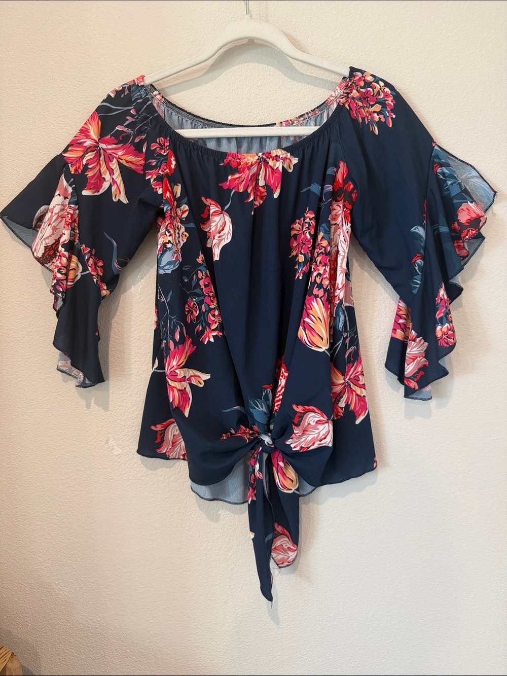 Navy Floral Off-Shoulder Tie-Front Top